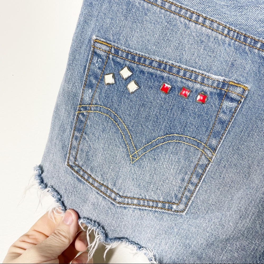 Levi's 501 Denim Cut Off Shorts Upcycled Sz 27 Boho Embroidered Vintage Festival - Picture 5 of 12